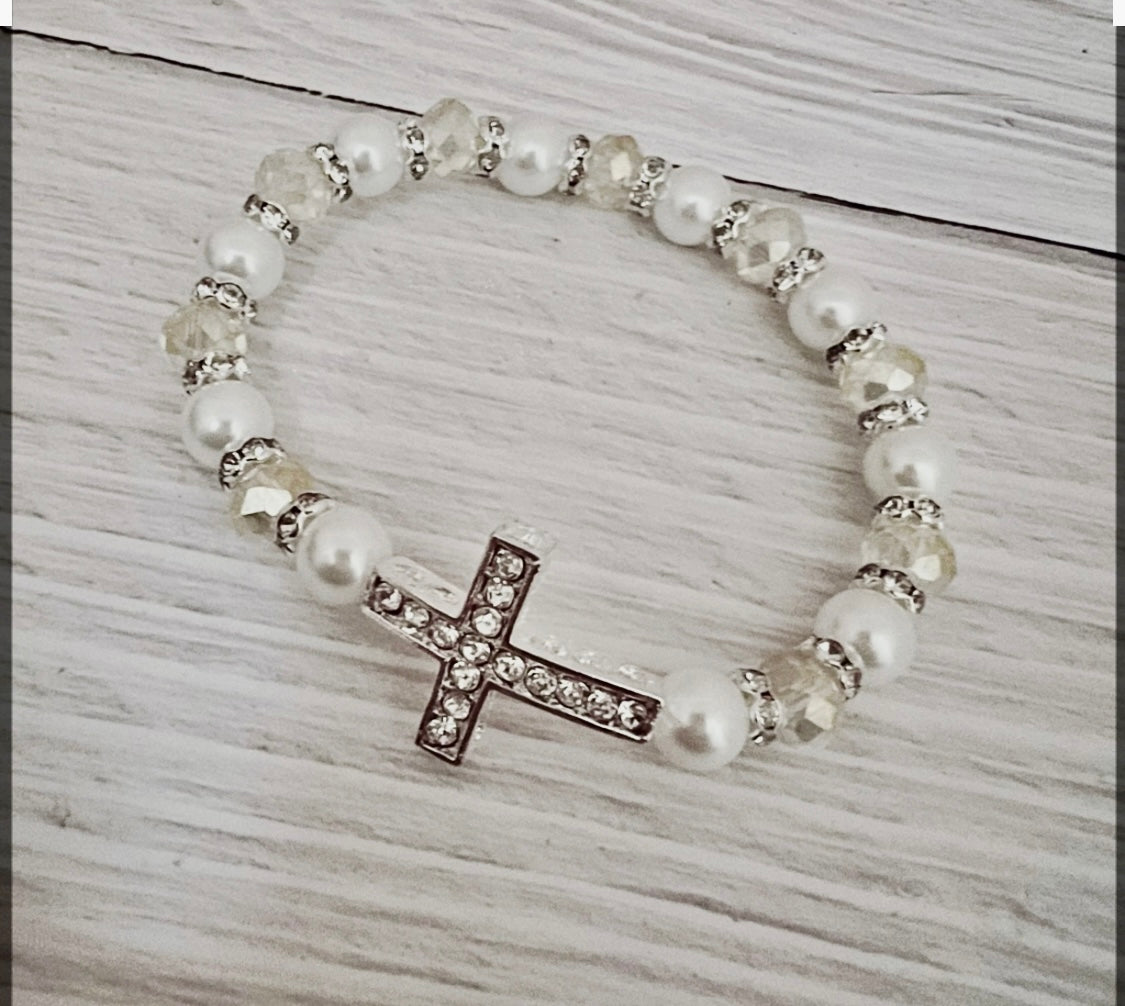 B101 Kole Jax Rhinestone Pearl Cross Bracelet