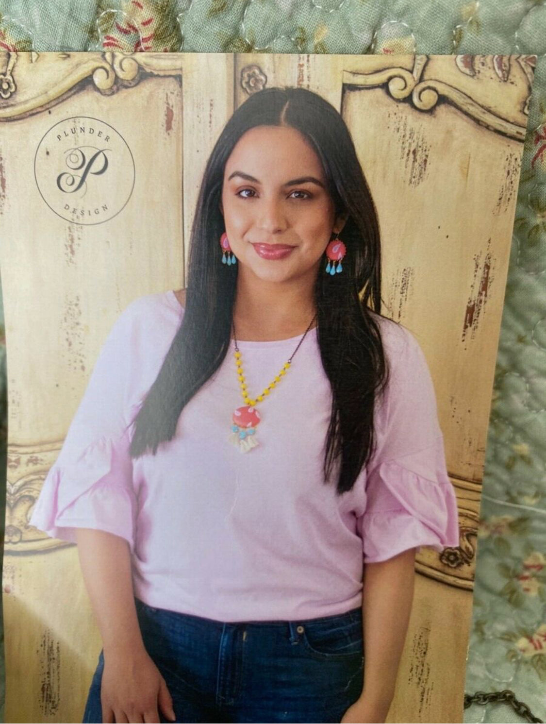 Plunder Posse June 2018 - Vintage Necklace and earring set / yellow, salmon and teal