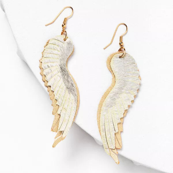 E 121 Plunder Earrings (new) FEYA - CREAM, SILVER & GOLD FAUX LATHR WINGS 3.25"(PE877)