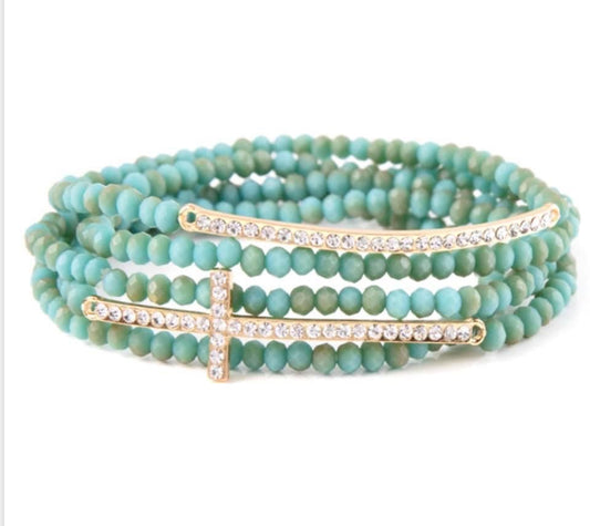 Turquoise beaded with cross in rhinestone and gold bracelet