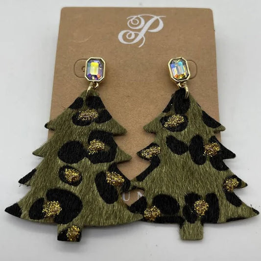 E126 Plunder Flocked Earrings - Green Leather Christmas Trees W/ Leopard