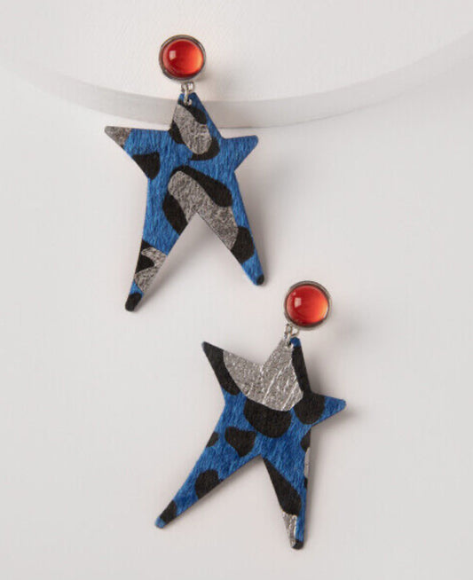 E109 Plunder Earrings LEOPARD STAR - BLUE LEOPARD PRINT STARS - 3" DROP
