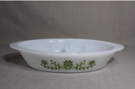 KD101 - Vintage Oval Glas bake split baking dish White with green design