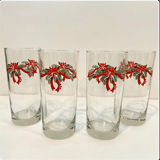 KD107 - (4) Vintage Libbey Poinsettia Christmas with Ribbon Cooler Glasses