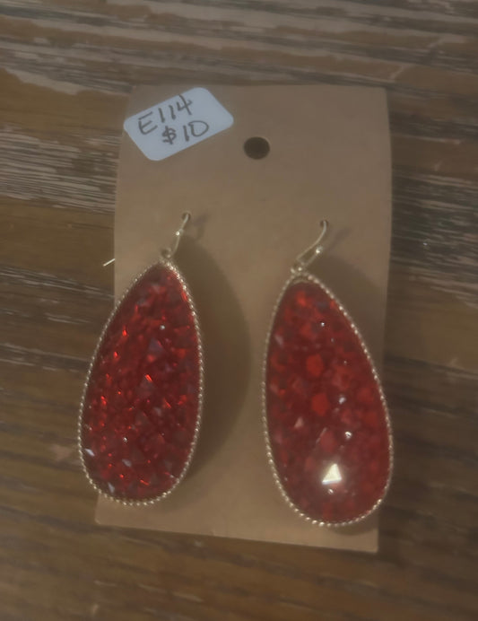 E114 Teardrop Dangle 2" Rhinestone Red Earrings