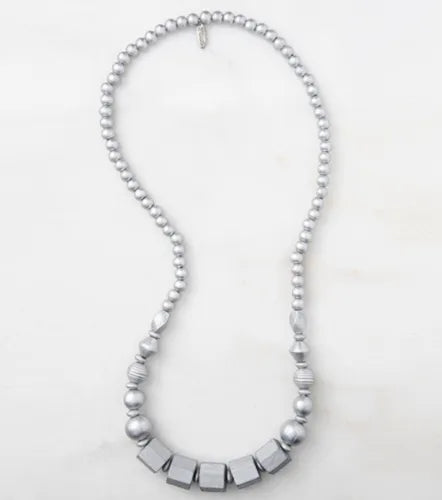 Plunder Design Fashion Trendy Jewelry Bennett Matte Silver Wood Bead Necklace