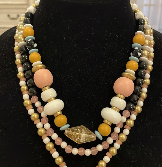 Plunder Black White Pink Triple Strand Layer Pendant Beaded Statement Necklace