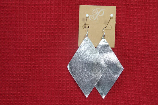 E112 - Plunder Earrings - BRIGHTON - LEATHER, SILVER TEXTURED DIAMONDS 4" DROP