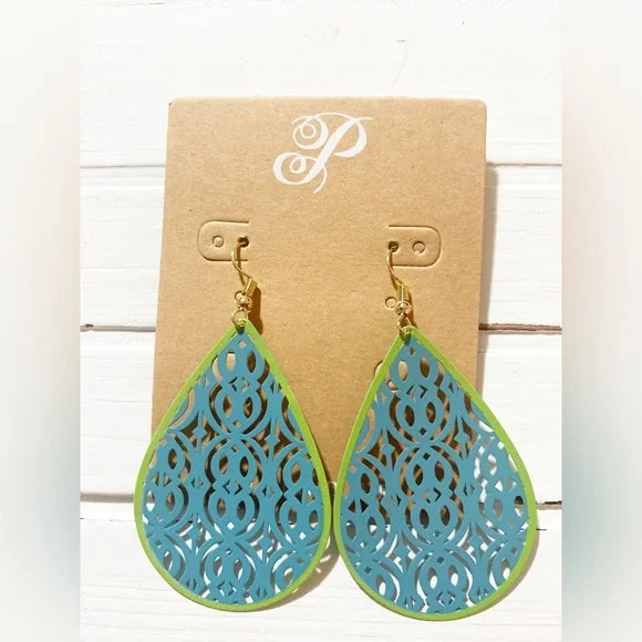 E101 Plunder Design Tear Drop Blue and Green Earrings