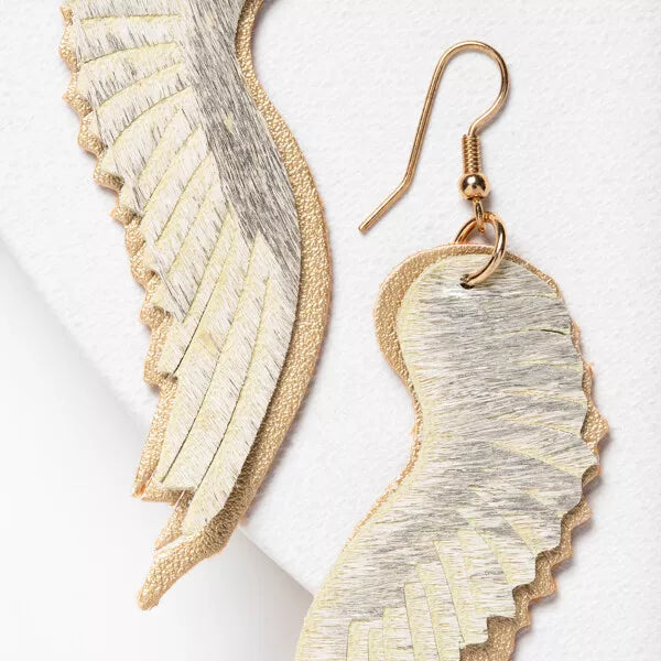 E 121 Plunder Earrings (new) FEYA - CREAM, SILVER & GOLD FAUX LATHR WINGS 3.25"(PE877)