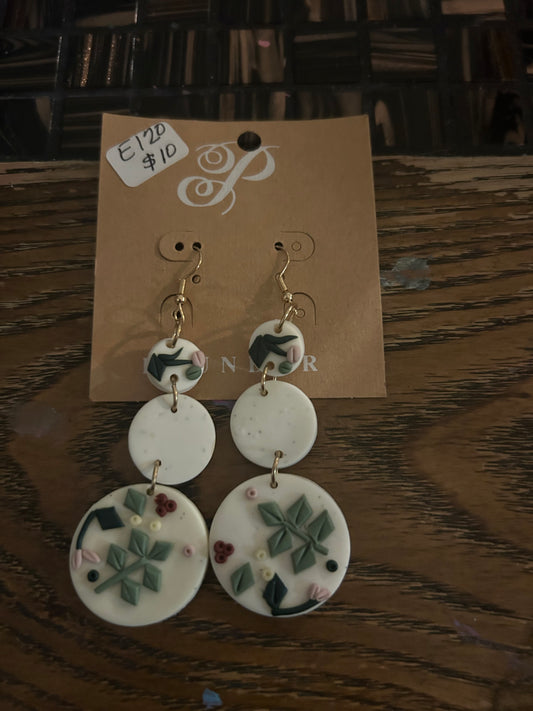 E120 White Dangle 3" Earrings with Holly designs