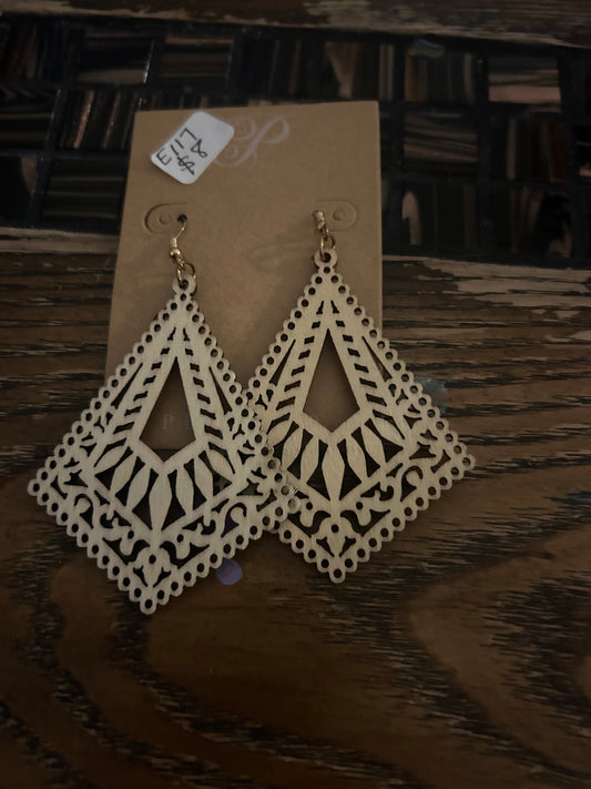 E117 - Wooden Filagree 3" Dangle Earrings