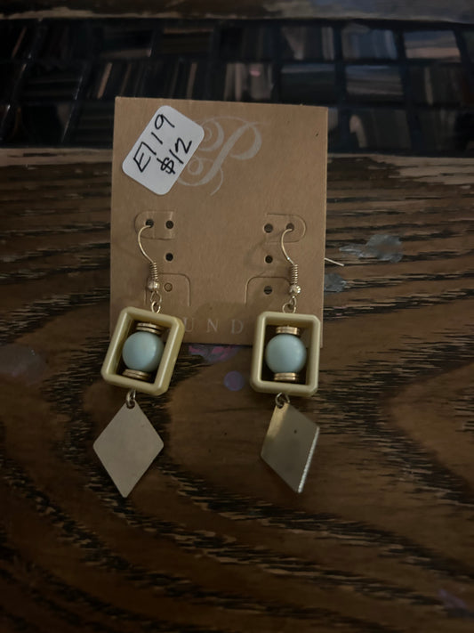 E119 Gold, Yellow and light Turquoise Metal Dangle Earrings