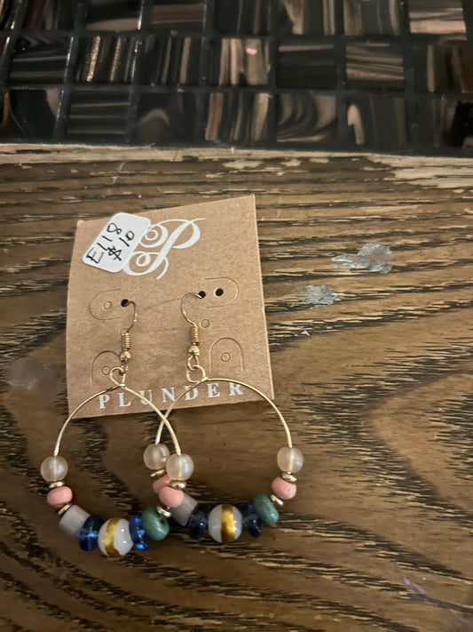 E118 Plunder Design Gold Hoops with Pink, Gold and Blue Bead Earrings