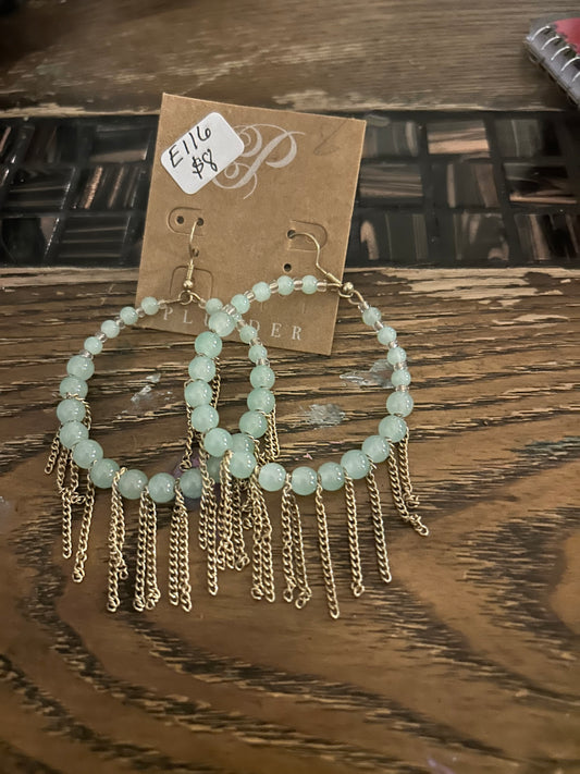 E116 Plunder Design Hoop Earrings with light green glass beads and gold chains
