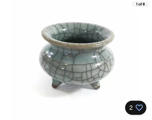 HD110 - Small Longquan Celedon Glaze Porcelain Tripod Cracke Incense Sage Burner 2.25"