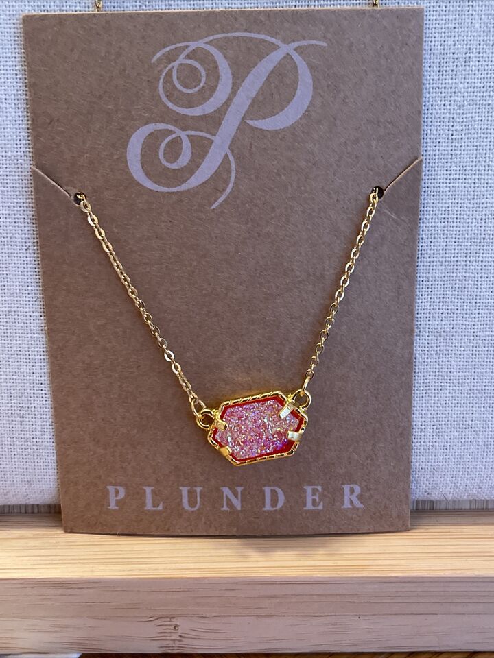 Plunder Design Fashion Jewelry Carrie Williams Gold Pink Druzy Pendant Necklace